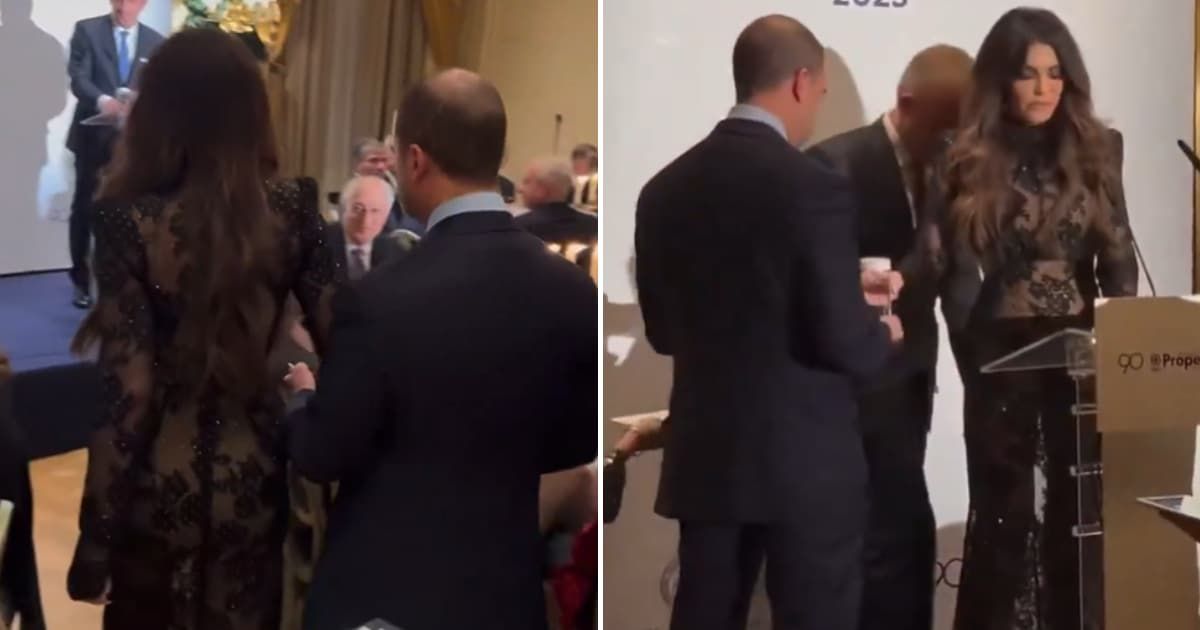 Kimberly Guilfoyle’s shimmery sheer gown at the Thanksgiving event in Athens left diplomats and viewers stunned (X)