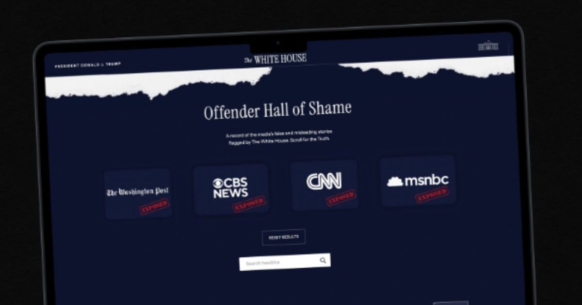 The page opened with the heading 'Misleading. Biased. Exposed.' then listed the outlets and reporters included (Screengrab/@WhiteHouse/X)