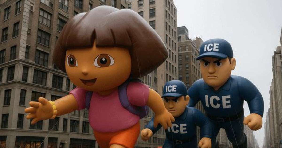 A viral image that appeared to show a Dora the Explorer balloon being chased by ICE agent balloons during the Macy’s Thanksgiving Day Parade spread widely across social media (r/PoliticalMemes/Reddit)