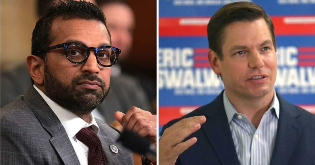 Kash Patel blasted Eric Swalwell on X with a sharp jab referencing Swalwell’s past link to Fang Fang while mocking him over the 'women’s medium' remark (Getty Images)
