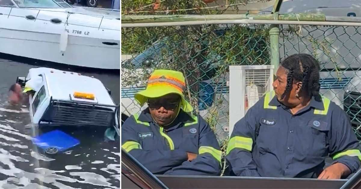 Shocking footage showed a City of Miami truck plunge into the Miami River as Mauricio Florez watched two bystanders rescue two trapped women before it sank (X/@fox_sheldon, Local 10 News)