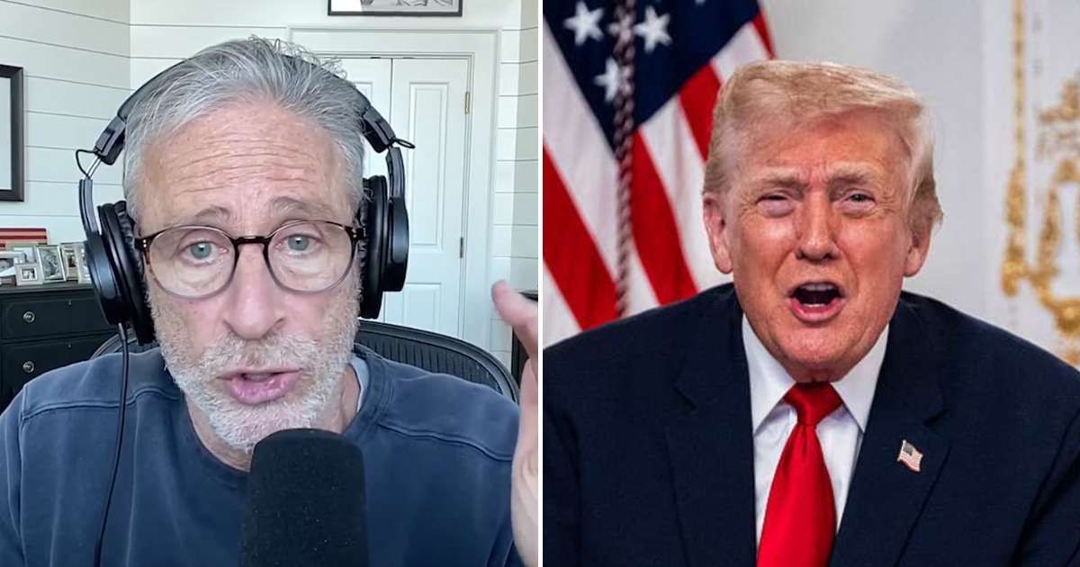Jon Stewart mocked Donald Trump’s sweeping pardons for high-profile offenders, contrasting them with the long struggle for even minor reforms (Screengrab/@weeklyshowpod/X, Getty Images)