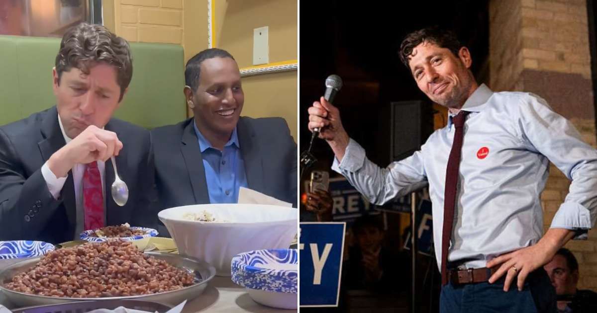 A viral clip shows Minneapolis Mayor Jacob Frey plopped at a Somali restaurant, bravely battling a bowl of rice and beans (@CatchUpFeed/X, Getty Images)
