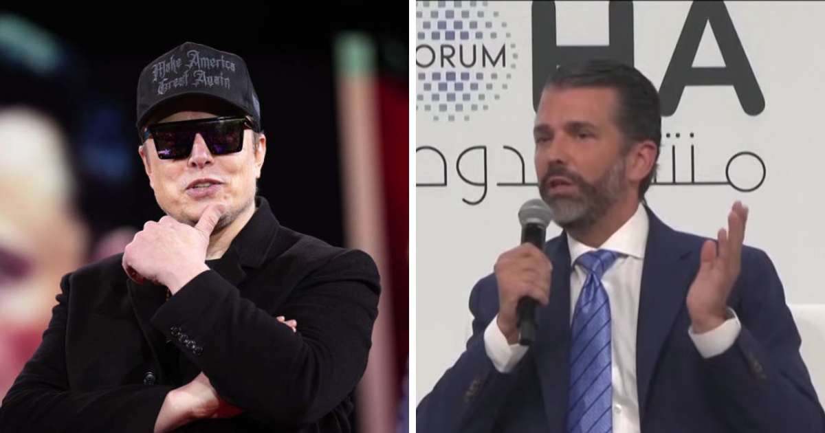 Donald Trump Jr praised Elon Musk’s impact on free speech and technology at the Doha Forum 2025 (Screengrab/@EricLDaugh/X, Getty Images)