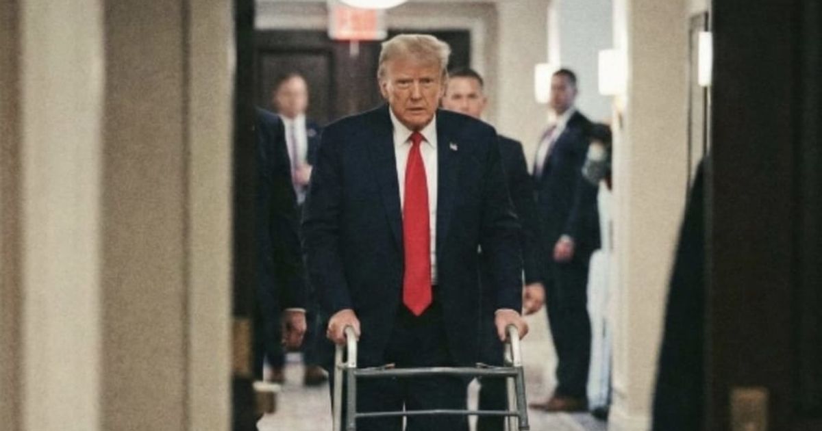 A viral image shows Donald Trump using a walker in a hallway of the White House (@keithedwards/X)