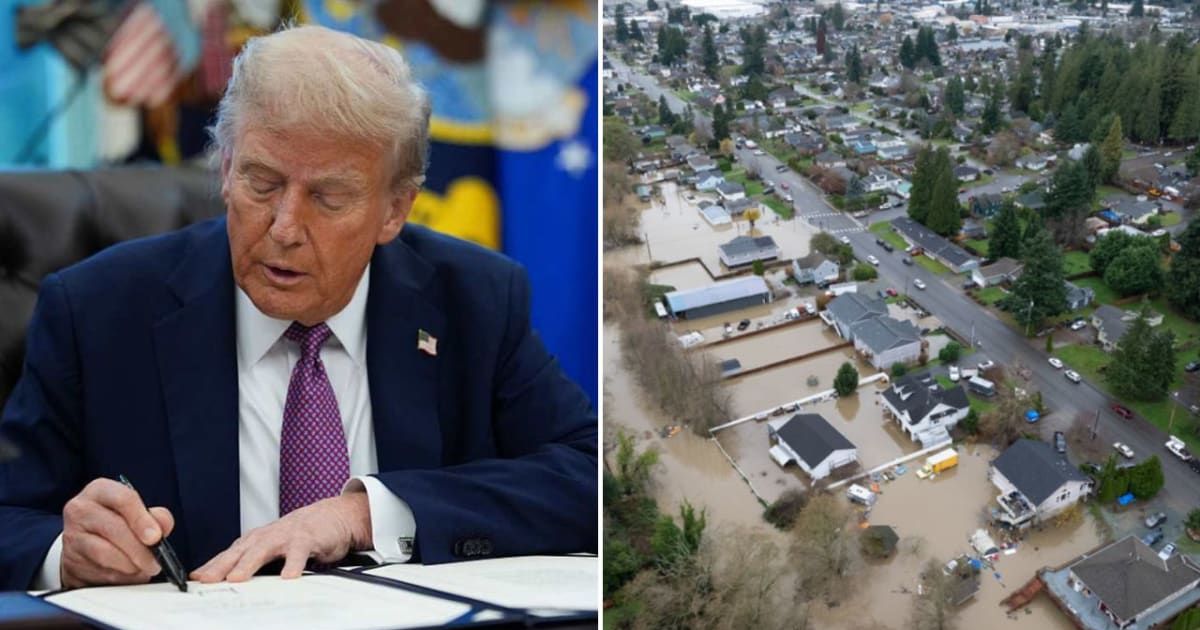 Donald Trump approved emergency aid, and Governor Bob Ferguson shared the news on social media, calling it an “extremely challenging time” and thanking everyone helping with relief efforts (Kevin Dietsch/Getty Images, AP Photo/Stephen Brashear)