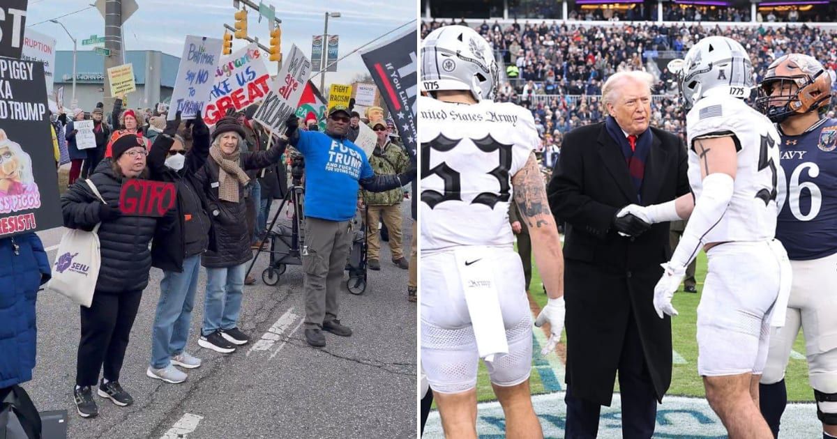 Protesters gathered outside M&T Bank Stadium in Baltimore as Donald Trump attended the Army-Navy football game (@OldRowOfficial/X, Getty Images)