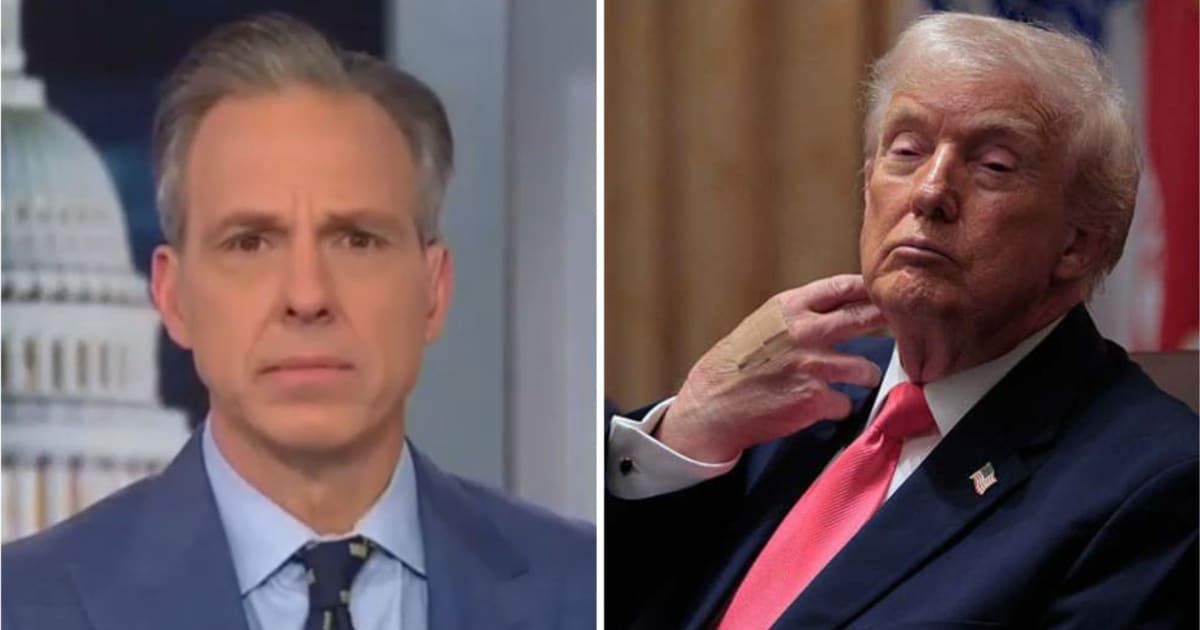 CNN anchor Jake Tapper challenged White House Press Secretary Karoline Leavitt’s explanation for the bandages on President Donald Trump’s hands (Screengrab/CNN, Getty Images)