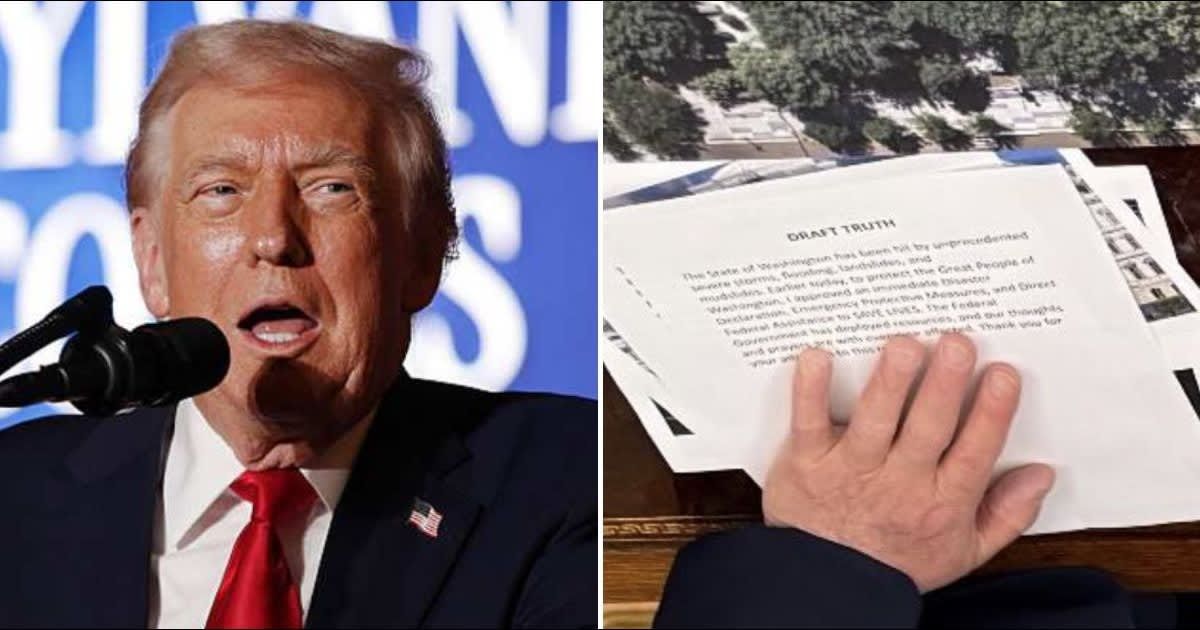 Donald Trump's unposted Truth Social message about severe storms and flooding in Washington State was spotted in a photo shared by his son, Eric Trump (Getty Images, @patriottakes/X)