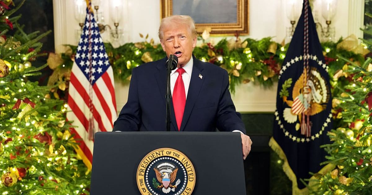 President Donald Trump addresses the nation from the Diplomatic Room of the White House on December 17, 2025, in Washington, DC (Doug Mills - Pool/Getty Images)