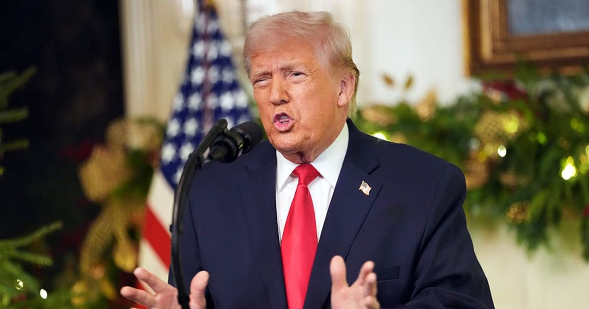 Trump addresses the nation from the Diplomatic Room of the White House on December 17, 2025 in Washington, DC. (Getty Images)