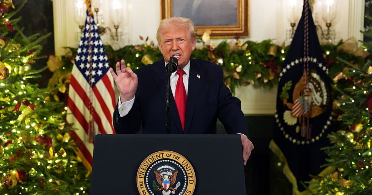 Donald Trump addresses the nation from the Diplomatic Room of the White House on December 17, 2025, in Washington, DC (Doug Mills - Pool/Getty Images)