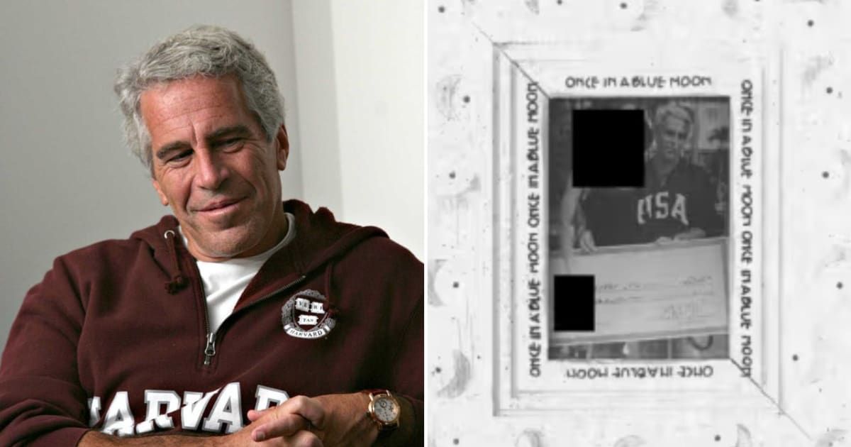 One of the released photos showed Epstein standing beside a woman whose face was blacked out as they held a giant novelty check bearing a Trump signature (Getty Images, @MarioNawfal/X)