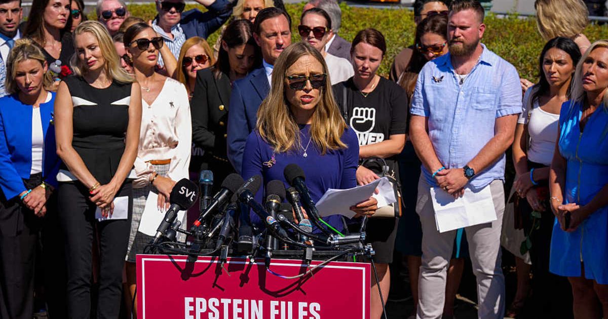 Annie Farmer reads a statement from her sister, Maria Farmer, a survivor of Jeffrey Epstein, during a rally in support of the victims of disgraced financier Jeffrey Epstein outside the US Capitol on September 03, 2025 in Washington, DC (Getty Images)