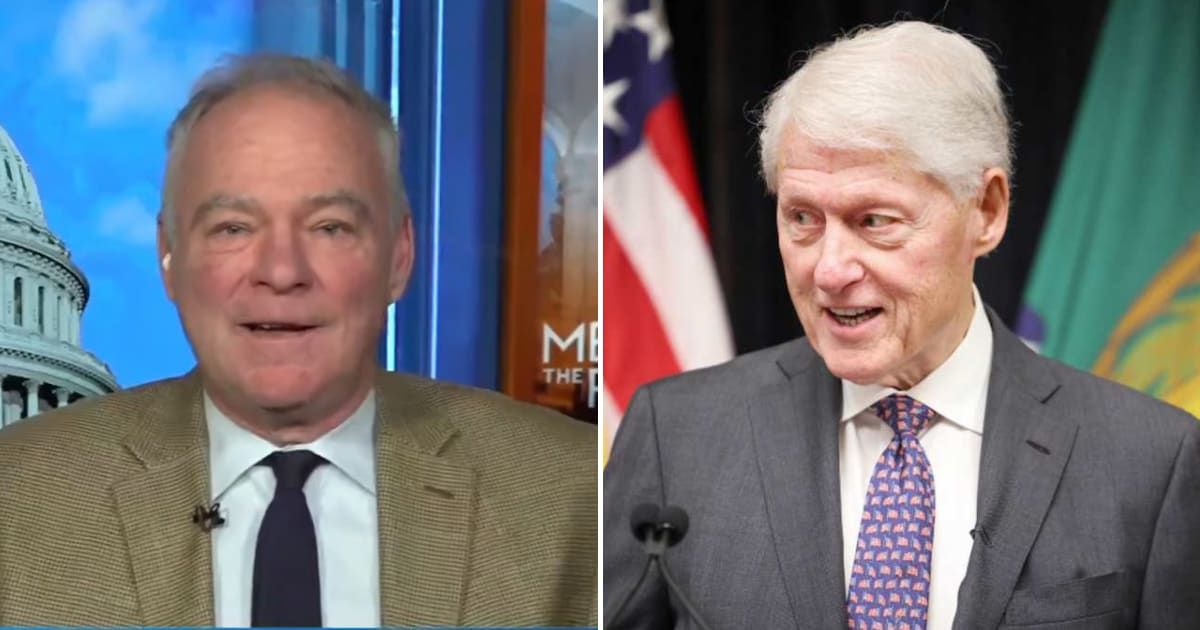 Tim Kaine said the Department of Justice is not following the law on Epstein files, citing Donald Trump’s ties to Jeffrey Epstein and past promises to release records (NBC News/YouTube, Getty Images)
