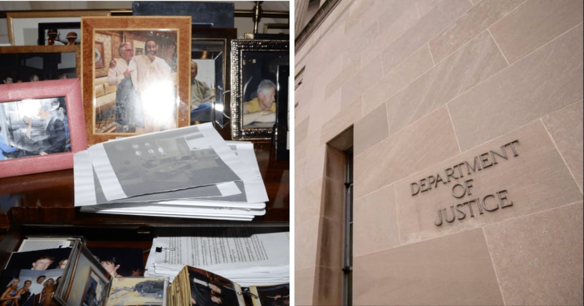 The DOJ reposted an image showing a desk drawer with photos of Donald Trump (Screengrab/DOJ, Getty Images)