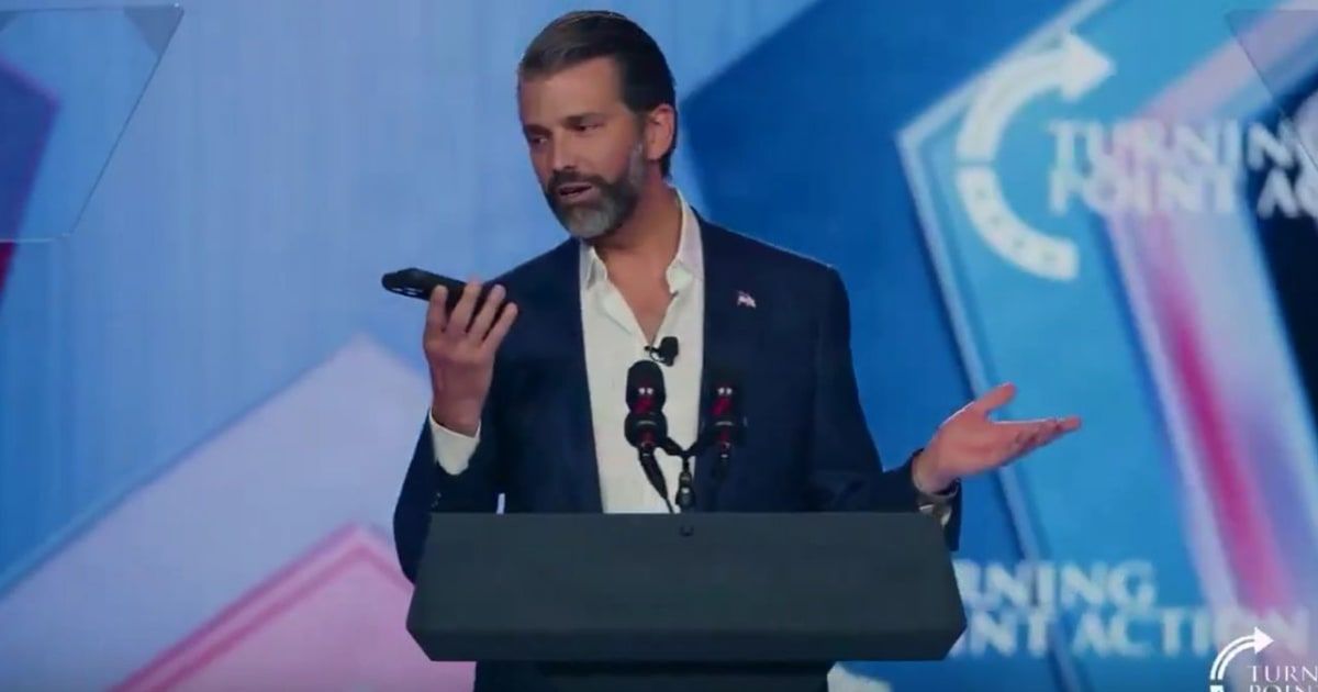 Donald Trump addressed AmericaFest 2025 crowd through Donald Trump Jr’s phone (@RapidResponse47/X)
