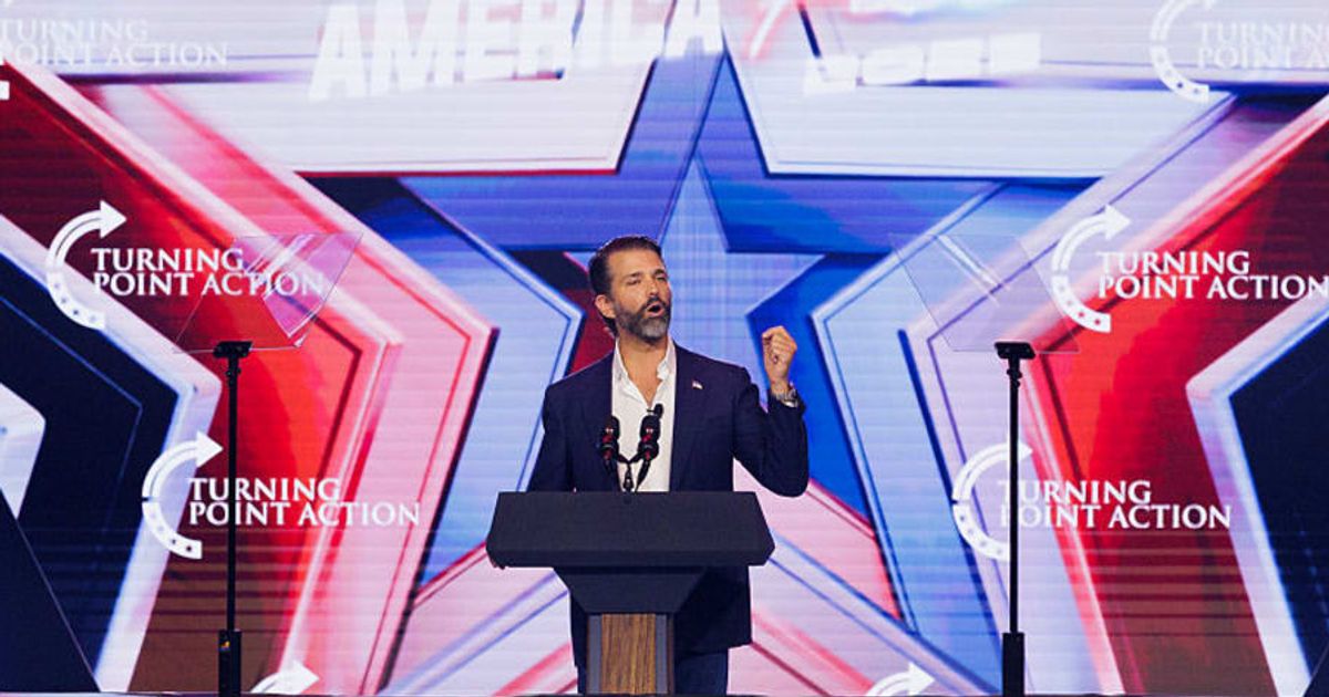 Donald Trump Jr surprised the crowd by calling Donald Trump, whose voice drew cheers before he jokingly teased his son during the event (Caylo Seals/Getty Images)