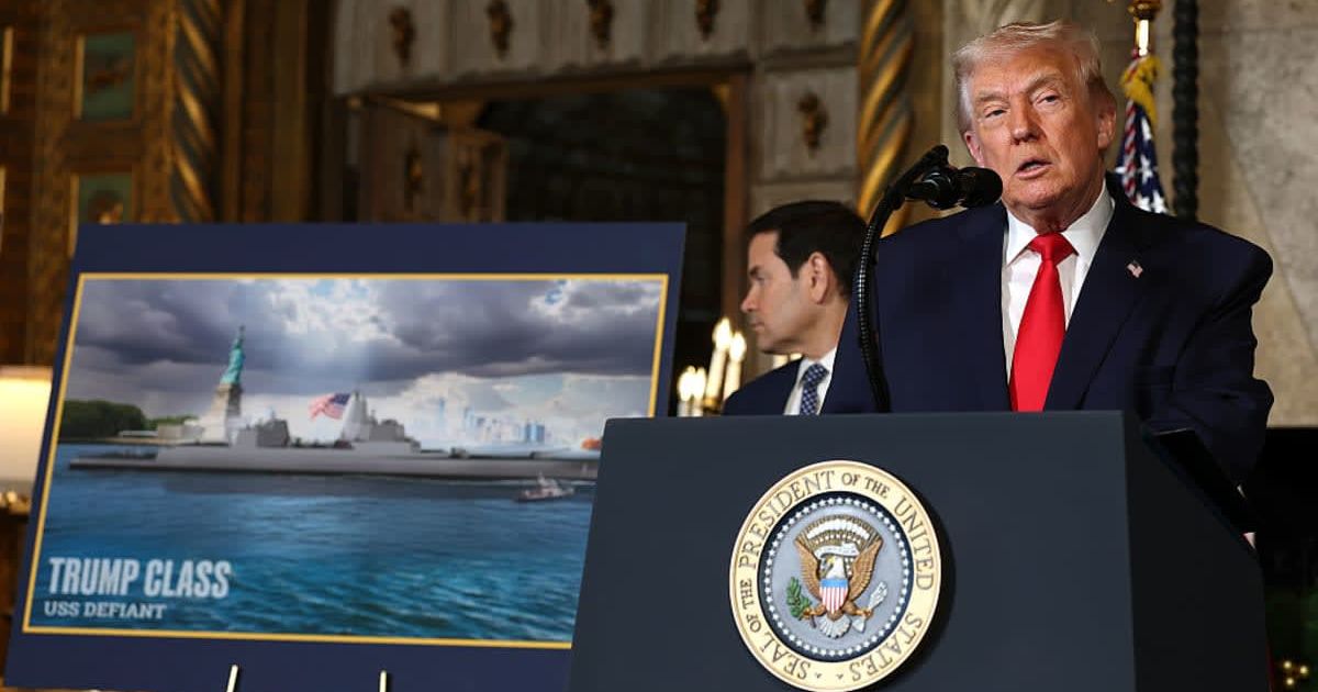 President Donald Trump announced the Trump Class battleship alongside Marco Rubio at Mar-a-Lago on December 22, 2025 (Getty Images)