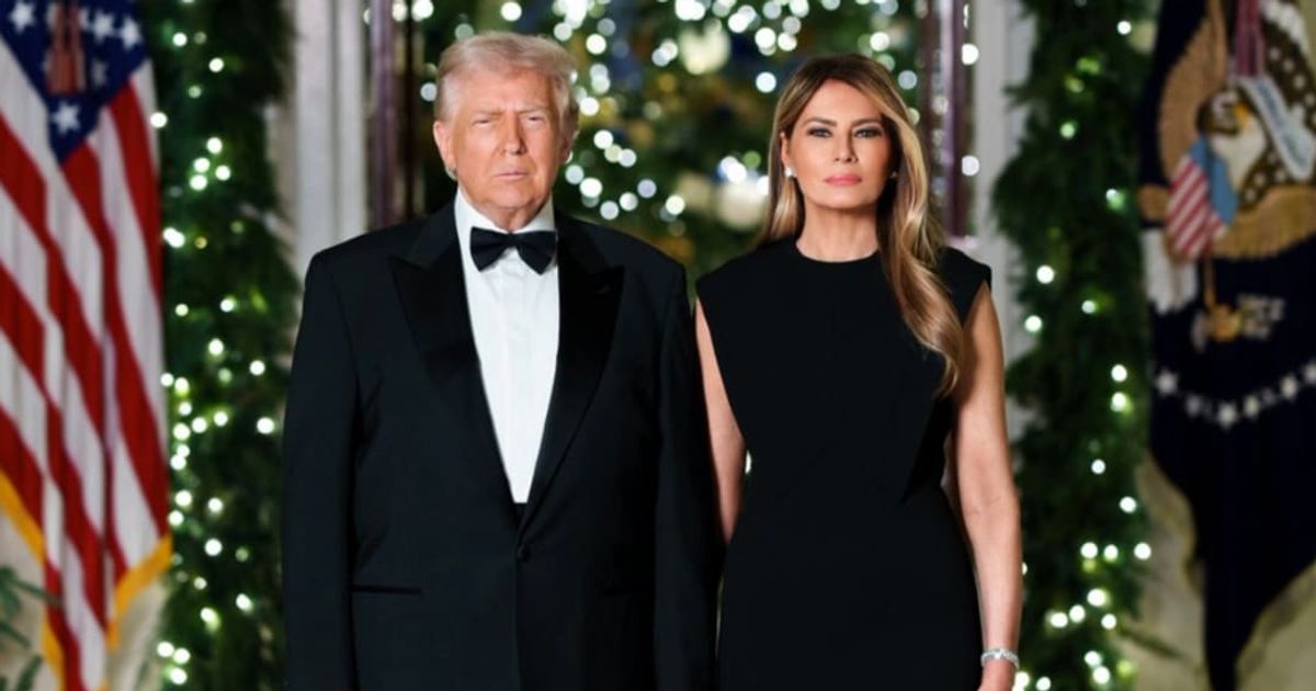 President Donald Trump and first lady Melania Trump pose in formal black attire for the 2025 White House Christmas portrait (White House)