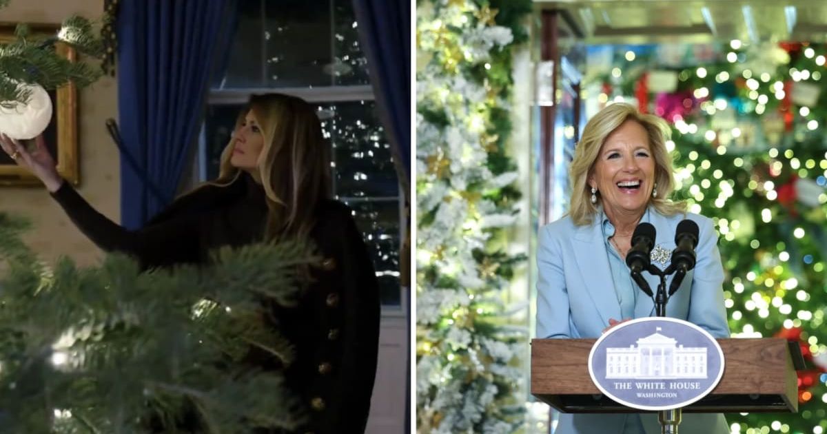 A new poll found that Americans favored Melania Trump’s White House Christmas decor over Jill Biden’s and Michelle Obama’s designs (@flotus, @DrBiden/X)