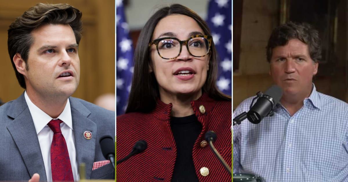 Tucker Carlson and Matt Gaetz discussed Alexandria Ocasio-Cortez's demeanor toward Republican lawmakers (Getty Images, The Tucker Carlson Show)