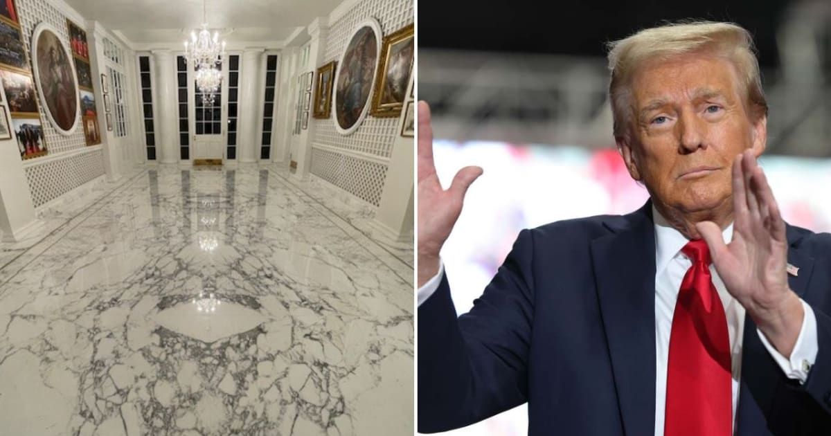 Donald Trump reveals the floor of the Palm Room (@TruthTrumpPosts/X, M Santiago/Getty Images)