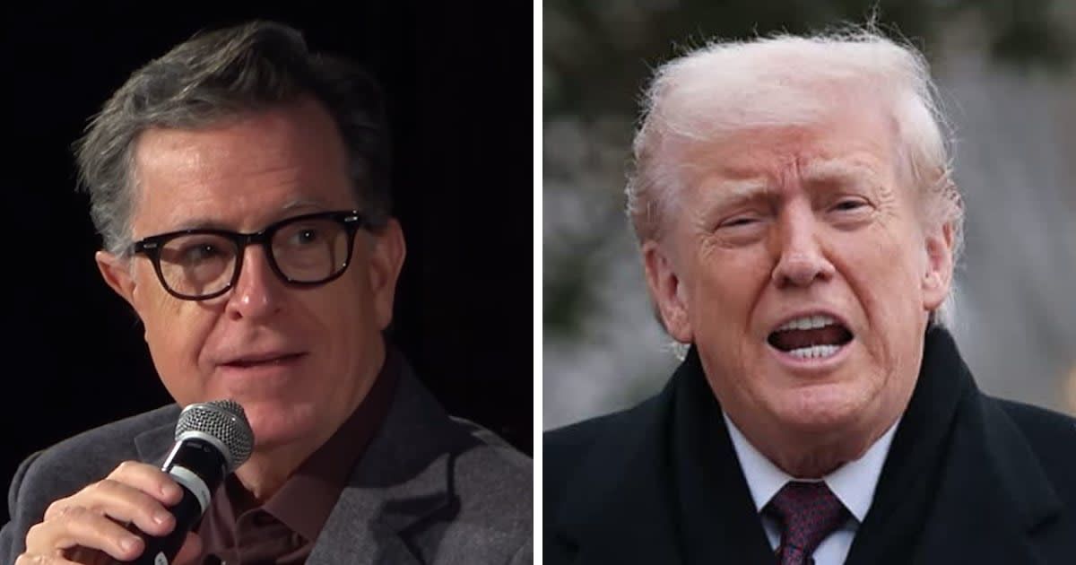 Stephen Colbert joked about swapping bodies with Donald Trump during a celebration of the 20th anniversary of Slate’s 'Political Gabfest' on Friday, December 26 (Screengrab/Slate/YouTube, Getty Images)