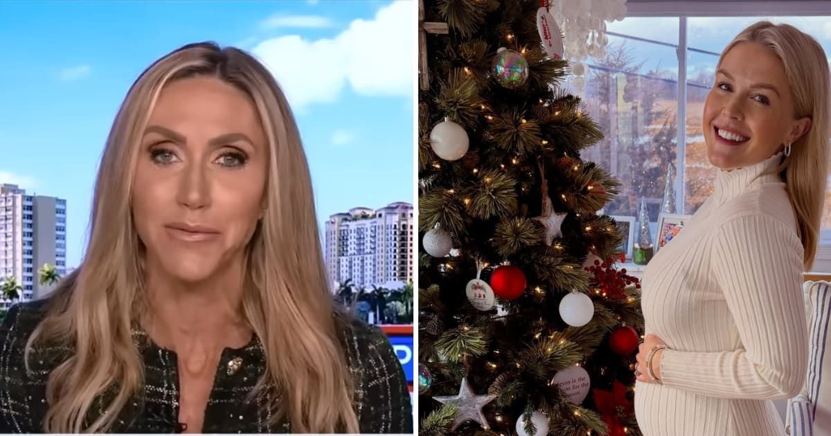 Lara Trump said that everyone would be watching as Karoline Leavitt 'schools fake news media' while eight or nine months pregnant (Fox News/YouTube, Karoline Leavitt/Instagram)