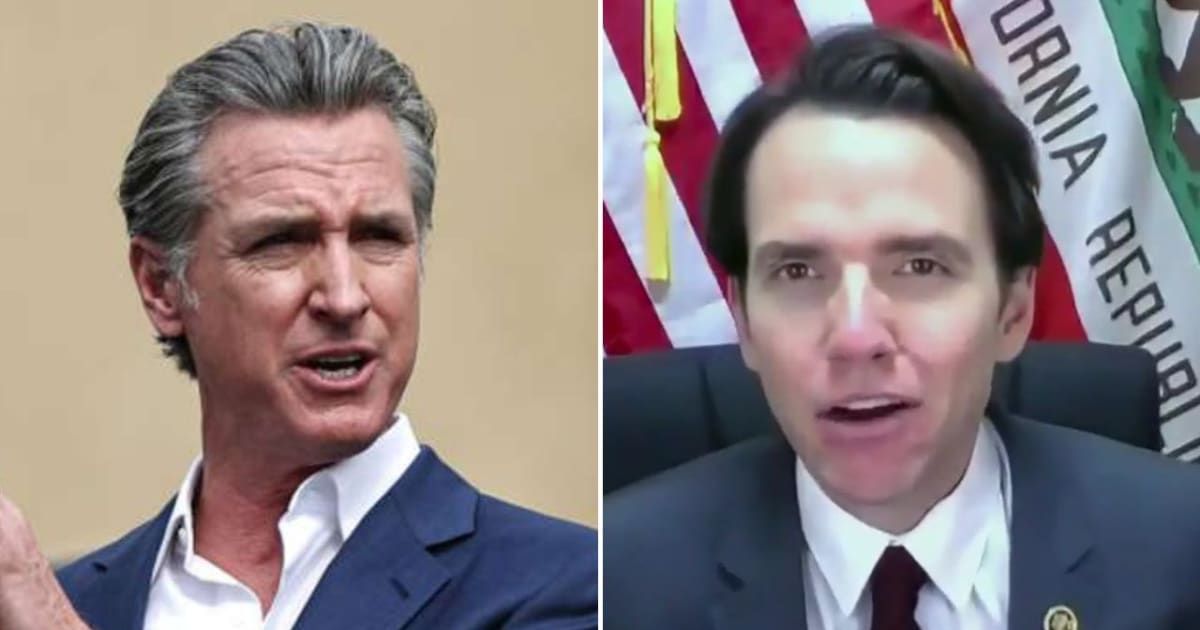 Kevin Kiley didn’t hold back in criticizing Gavin Newsom over California’s financial state during an interview (Mario Tama/Getty Images, @KevinKileyCA/X)