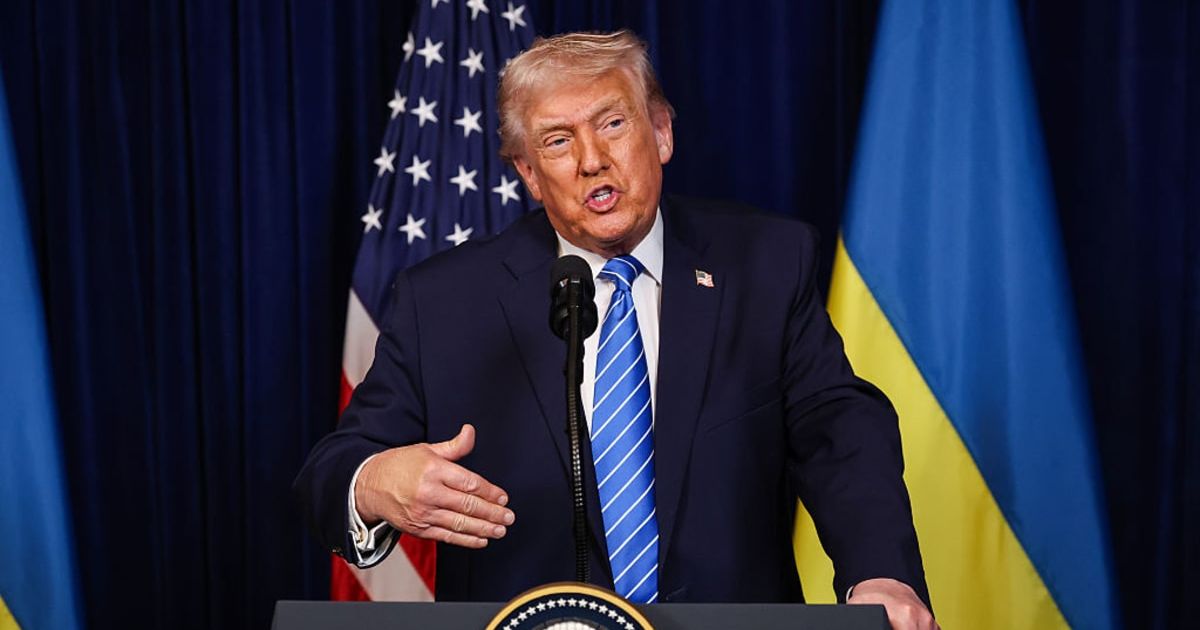 Donald Trump speaks during a news conference with Ukrainian President Volodymyr Zelensky following their meeting at Mar-a-Lago club on December 28, 2025, in Palm Beach, Florida (Joe Raedle/Getty Images)