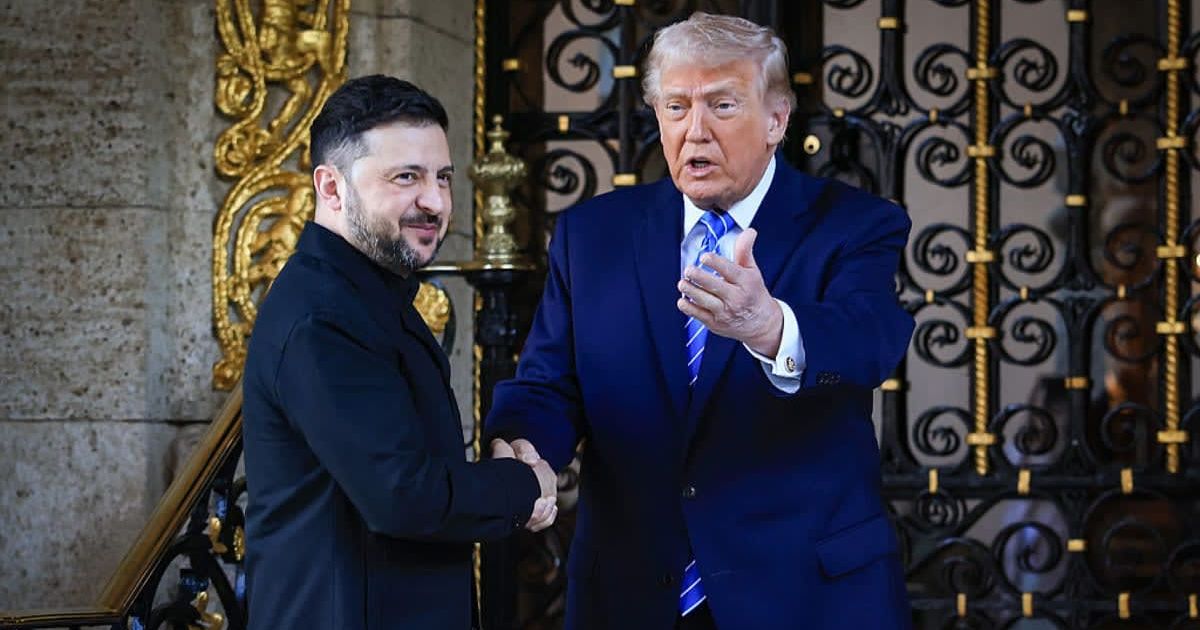 US President Donald Trump and Ukrainian President Volodymyr Zelensky leave a news conference following their meeting at Trump’s Mar-a-Lago club on December 28, 2025, in Palm Beach, Florida (Getty Images)