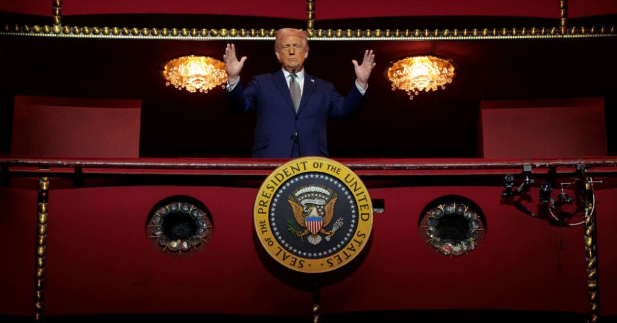 US President Donald Trump looks down from the Presidential Box in the Opera House at the John F Kennedy Center for the Performing Arts (Getty Images)