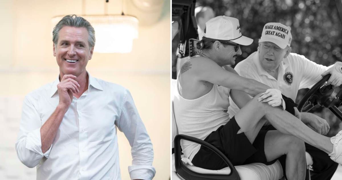 California Governor Gavin Newsom took a swipe at Donald Trump after musician Kid Rock shared a photo from a golf outing with the president (@KidRock/X)(Getty Images)