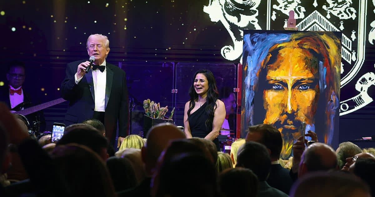 President Donald Trump and artist Vanessa Horabuena during a New Year’s Eve event at Mar-a-Lago on December 31, 2025, in Palm Beach, Florida (Joe Raedle/Getty Images)