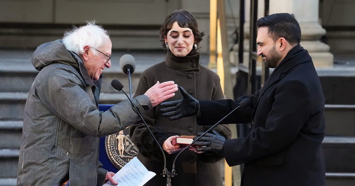 Zohran Mamdani praised Senator Bernie Sanders as a guiding influence after being sworn in as New York City’s 112th mayor (David Dee Delgado/Getty Images)