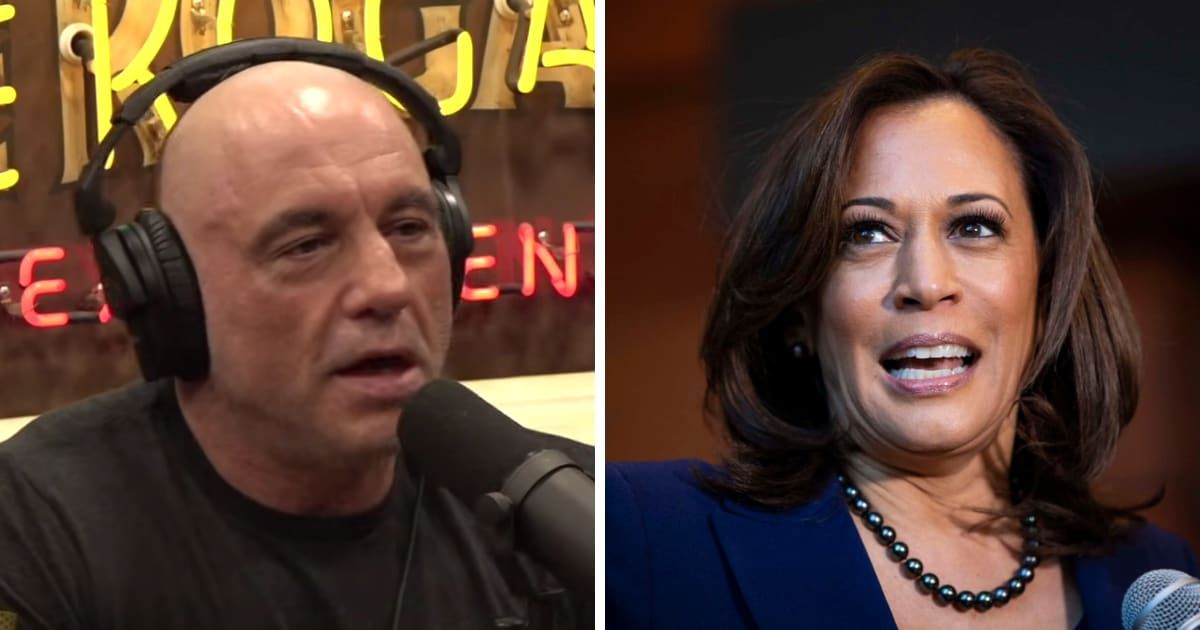 Joe Rogan discussed Kamala Harris' ability to handle long interviews during a chat with James McCann (Screengrab/PowerfulJRE/Youtube, Getty Images)