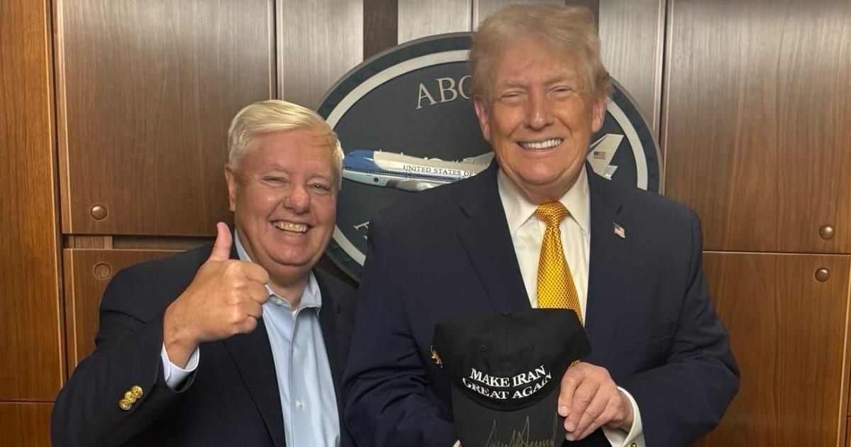 Donald Trump was seen holding a signed 'Make Iran Great Again' hat alongside Lindsey Graham in a photo shared by the senator (@LindseyGrahamSC/X)