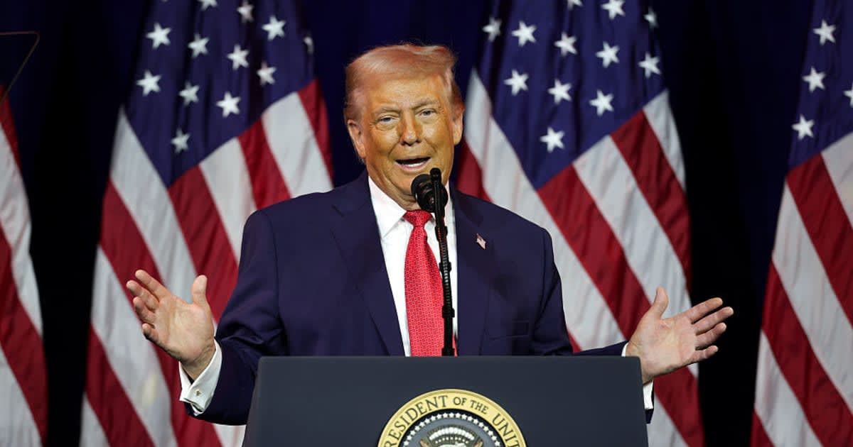 Donald Trump’s pink-tinted hair sparked online buzz as he addressed House Republicans on midterm strategy in Washington, DC (Alex Wong/Getty Images)