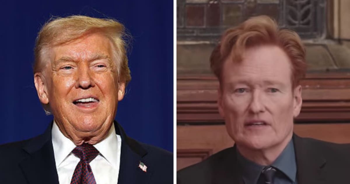 Conan O’Brien warned that comedians who replace jokes with anger at Donald Trump lose their best weapon in comedy: being funny (Screengrab/OxfordUnion/YouTube, Getty Images)