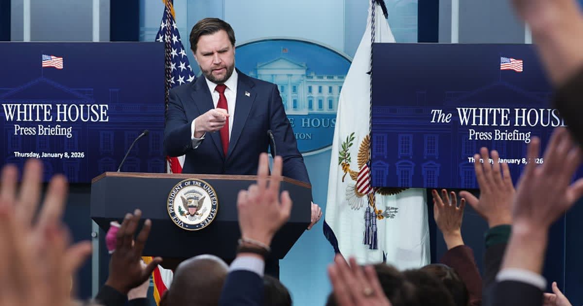 Vice President JD Vance takes questions from the media during a news briefing in the James S Brady Press Briefing Room of the White House on January 08, 2026 in Washington, DC (Getty Images)