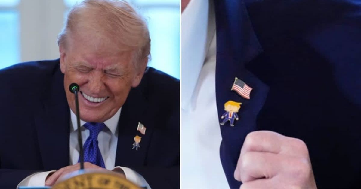 Trump’s blue-red cartoon-style pin of himself quickly became the center of attention during a meeting with oil executives in the White House, Friday, Jan 9, 2026. (AP Photo/Evan Vucci, AP Photo/Alex Brandon)