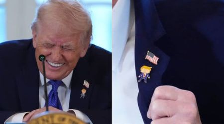 Trump shows off 'happy Trump' pin at oil executive meeting