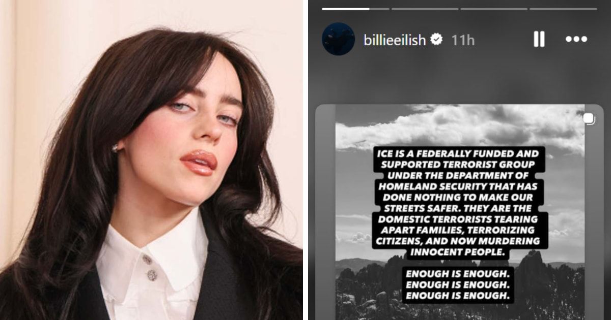 Billie Eilish criticized Immigration and Customs Enforcement after the fatal shooting of Renee Nicole Good during a federal operation (Screengrab/@billieeilish/X, Getty Images)