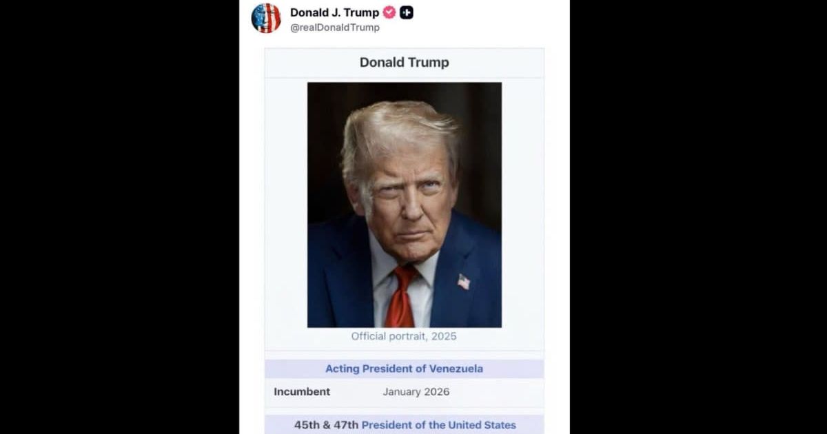 Donald Trump shared a Wikipedia-style screenshot claiming he was acting president of Venezuela (@TrumpTruthSocial/X, AP Photo/Evan Vucci)