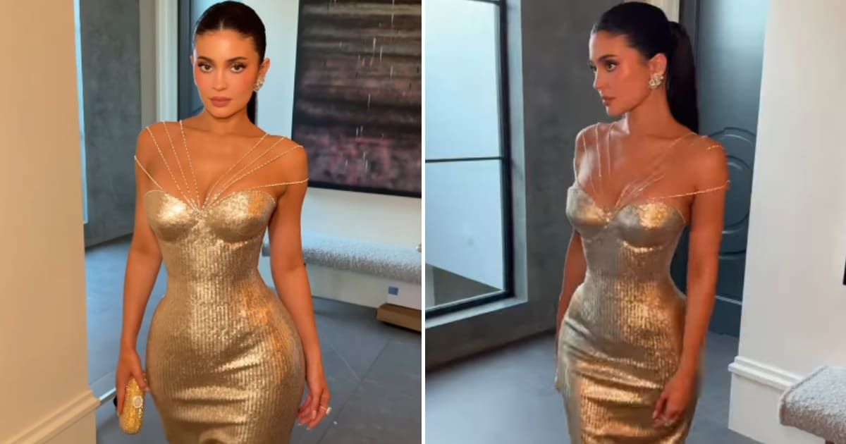 Kylie Jenner turned heads in a champagne Ashi Studio gown and Lorraine Schwartz diamonds while supporting Timothee Chalamet for his big 'Marty Supreme' win at the Golden Globes (Screengrab/@kyliejenner/Instagram)