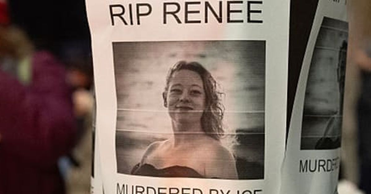 A notice reading 'RIP Renee, murdered by ICE' is seen next to a memorial for Renee Nicole Good on January 07, 2026 in Minneapolis, Minnesota (Scott Olson/Getty Images)