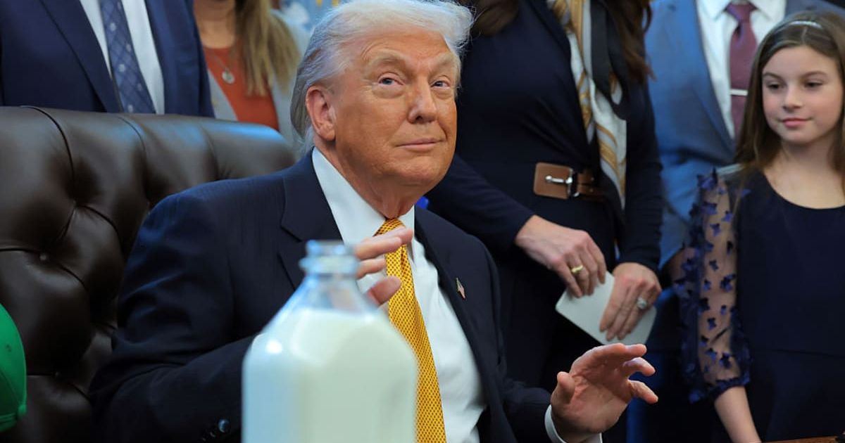 President Donald Trump spoke during a bill signing with dairy farmers in the Oval Office of the White House on January 14, 2026, in Washington, DC (Anna Moneymaker/Getty Images)