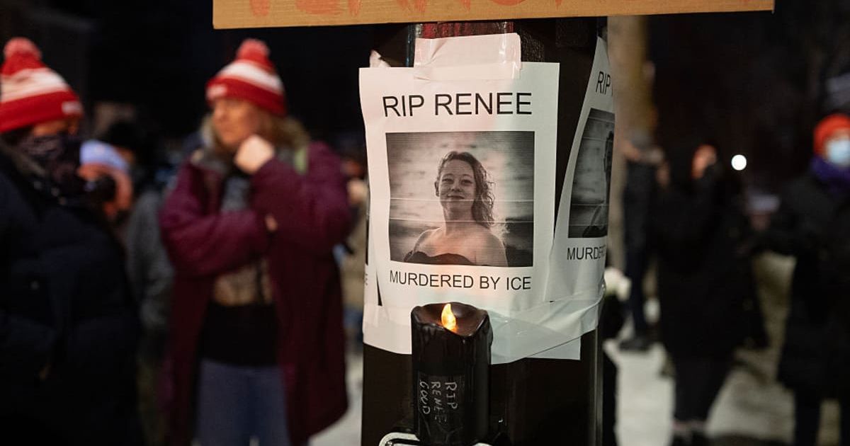 A notice reading 'RIP Renee, murdered by ICE' is seen next to a memorial for Renee Nicole Good on January 07, 2026, in Minneapolis, Minnesota (Scott Olson/Getty Images)