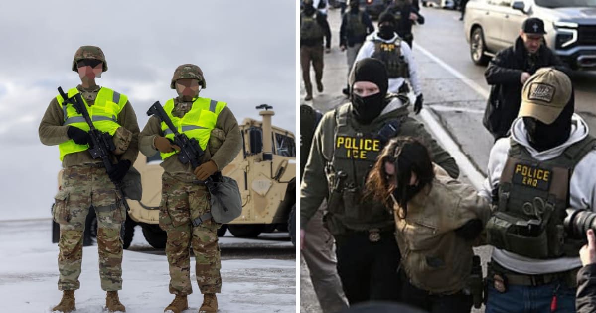 Minnesota National Guard troops in reflective gear prepared to support law enforcement during unrest in Minneapolis (Screengrab/@MNNationalGuard/X, Getty Images)